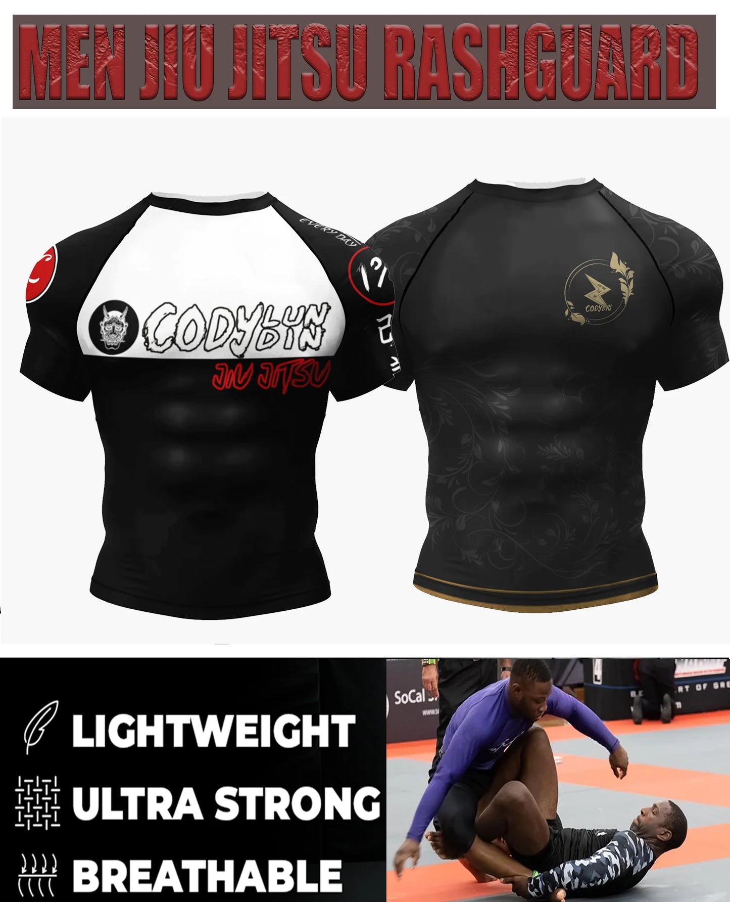 Jiu Jitsu Raglan Compression Rash Guard Unisex Oni Demon Graphic Print, BJJ MMA Training Top, Stretch Quick Dry Sportswear